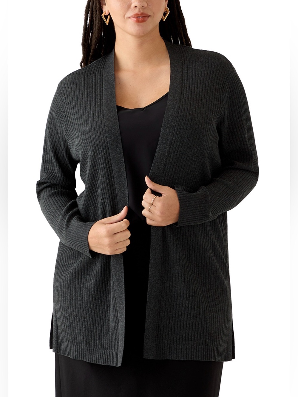 JONES NEW YORK Open-Front Ribbed Long Cardigan Sweater - Dark Charcoal Gray.